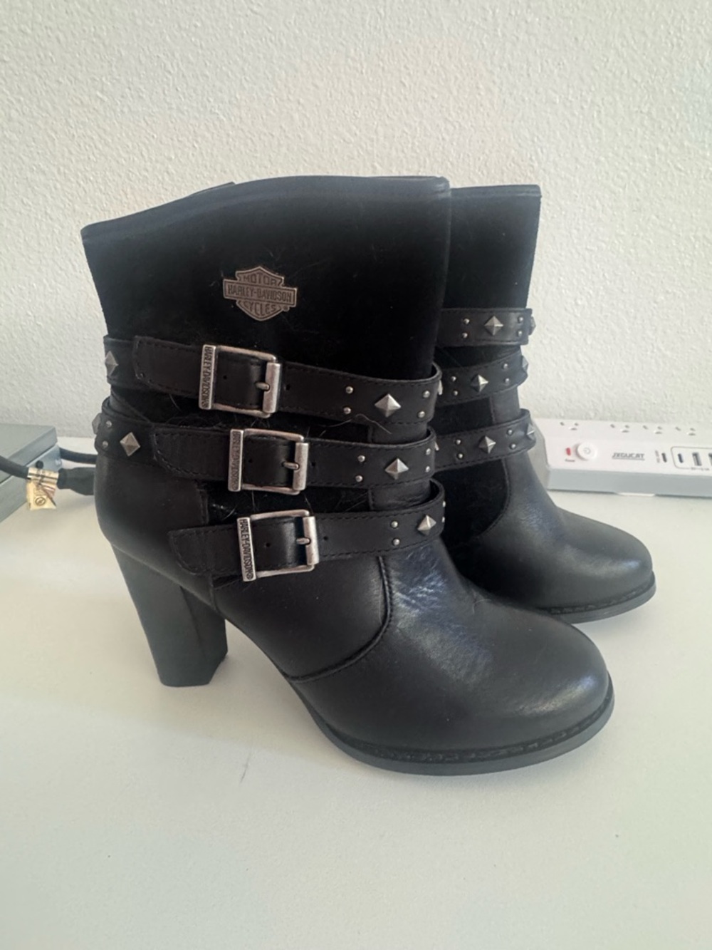 Harley-Davidson Black Studded Triple-Buckle Ankle Boots